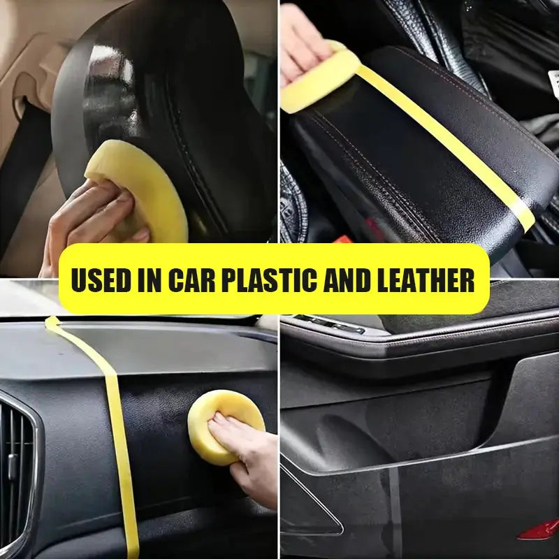 Car plastic restorer Back To Black for interior plastics and leather; 4-shot collage with yellow sponges.