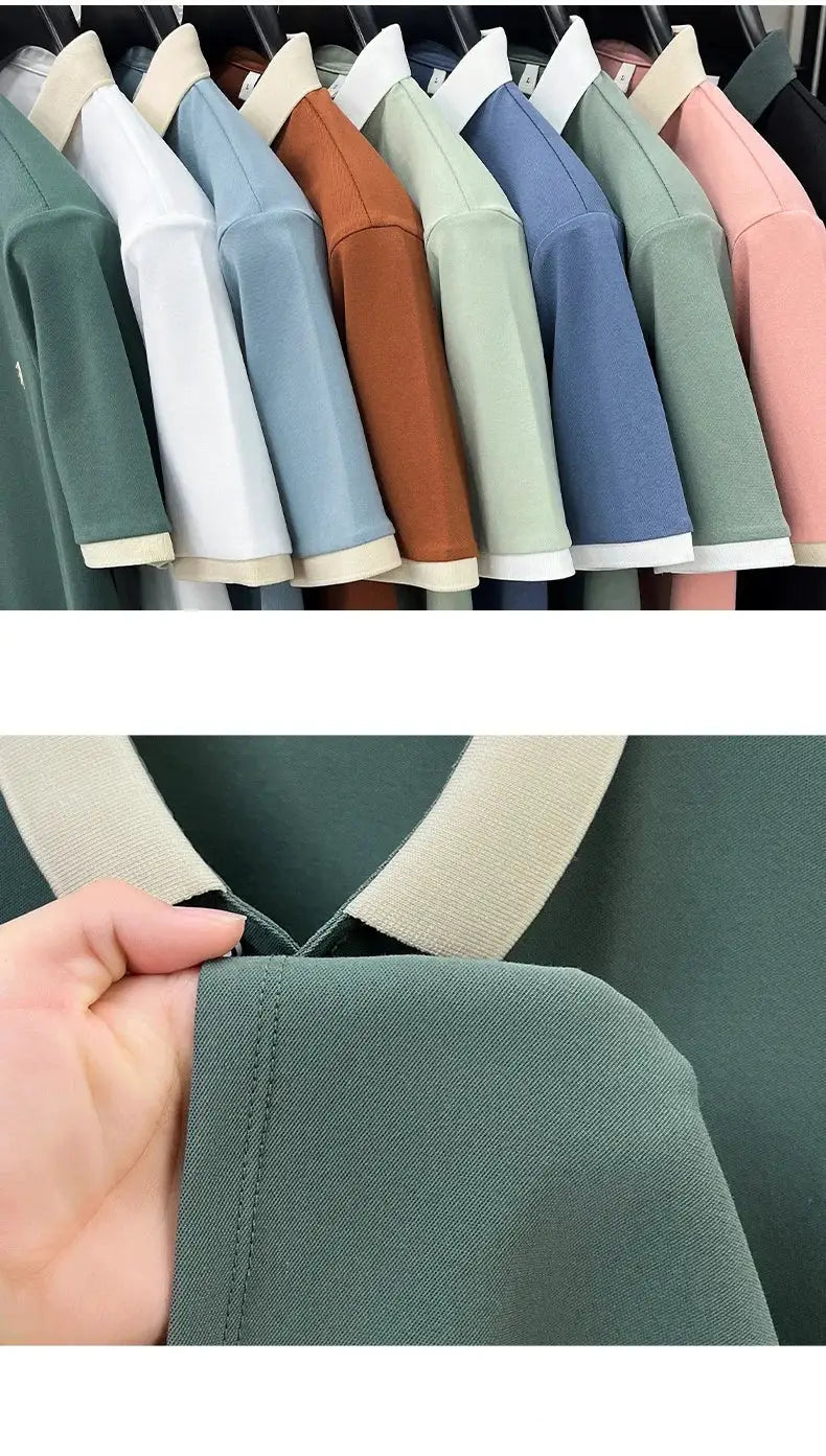 Designer silk-cotton short-sleeve polo shirts in assorted colors; breathable casual men's top