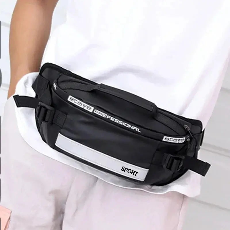 Waist bag by Simples Market, large-capacity black nylon anti-theft fanny pack with white stripe and SPORT label