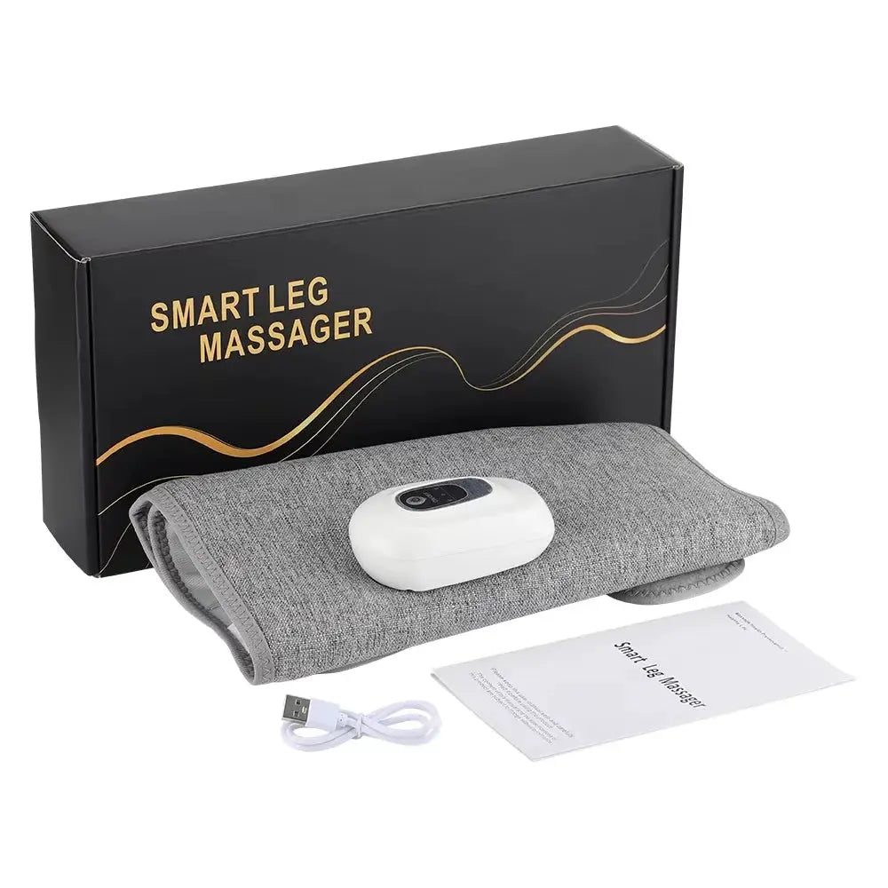 Electric calf massager with 3-level airbag compression; gray fabric wrap and white controller