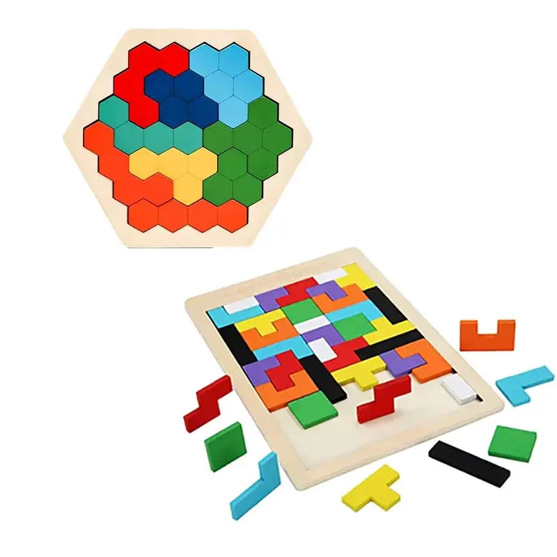 1 Set Wooden Blocks Puzzle Tangram Jigsaw Toy Brain Teasers 3D Colorful Russian Blocks Montessori Educational