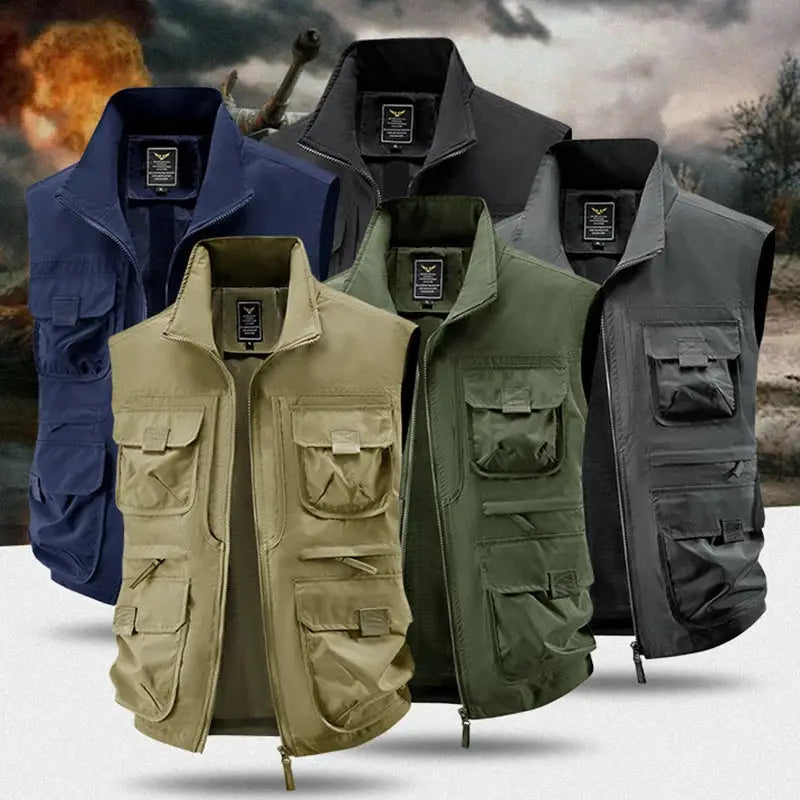 Simples Market 5-pack men's outdoor multi-pocket vest with vertical collar; breathable quick-dry fabric