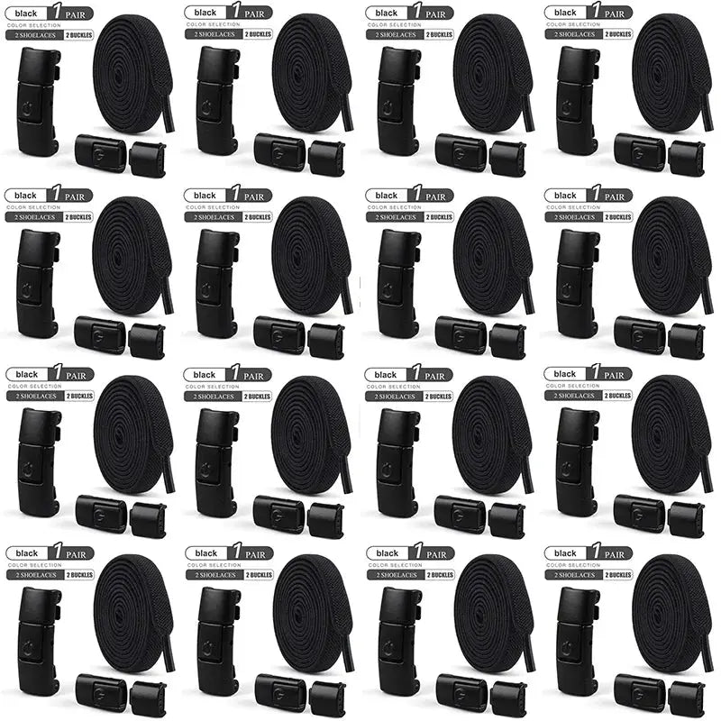 Simples Market black 8mm no-tie elastic flat shoelaces with press-locks, 20 packs shown.