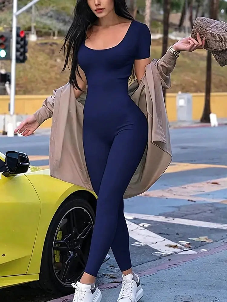Women's navy blue short-sleeve bodycon romper jumpsuit by Simples Market