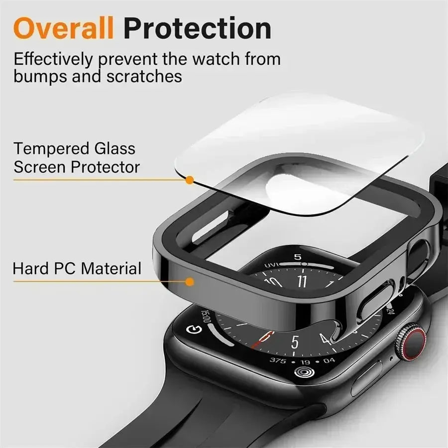 Apple Watch tempered glass screen protector with hard PC bumper; fits 40–46mm models