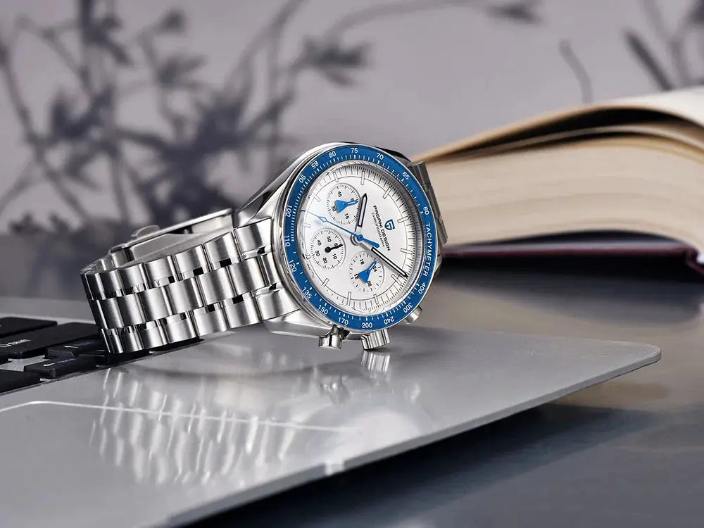 Pagani Design 500 Speedometer Circle Sport Chronograph watch with blue bezel, white dial, stainless steel bracelet