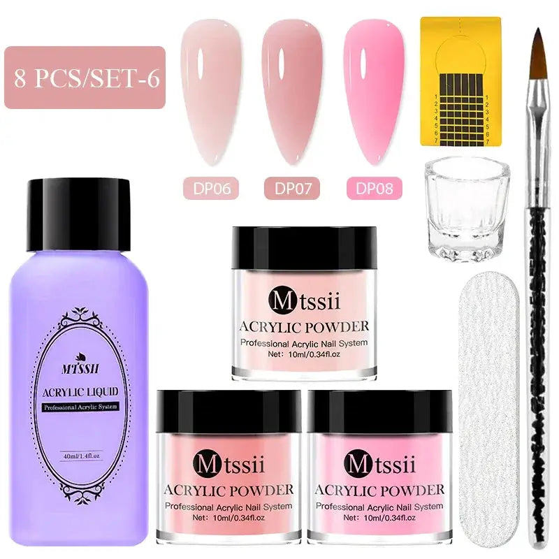 8pc MTSSII acrylic powder nail system set with pink nude powders, acrylic liquid, and nail brush by Simples Market