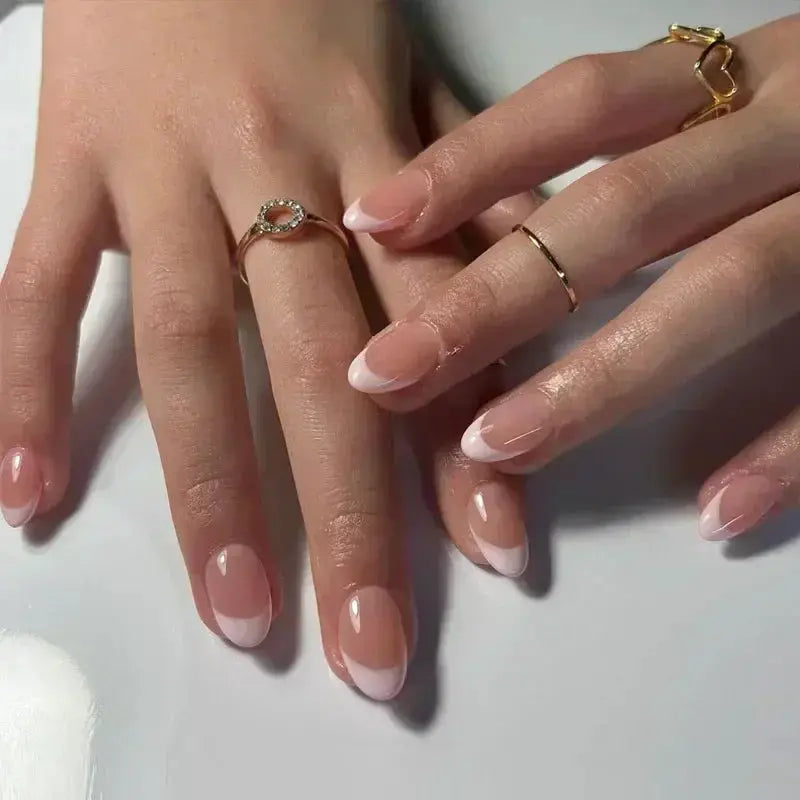 Glamora French Almond False Nails 24 Piece Press On Stiletto Tips With White Edge Design Glue Included For Wearable Glam