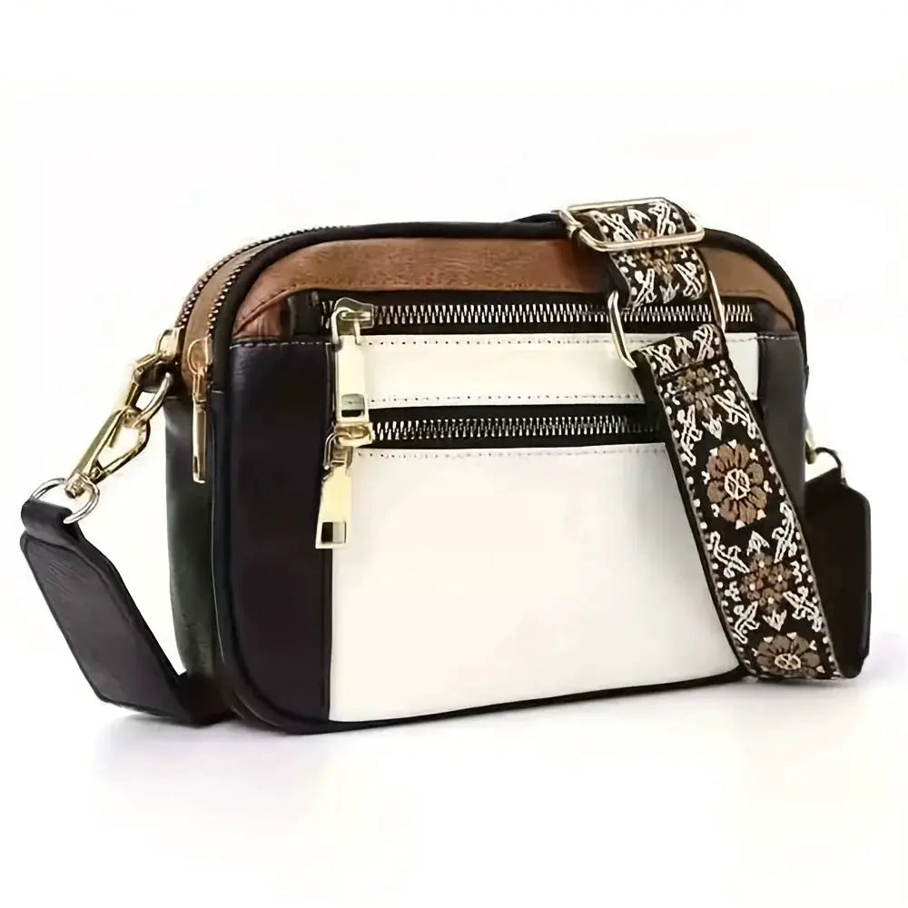 Simples Market retro crossbody bag for women; small square bag with white front, brown top, gold zippers, printed strap.