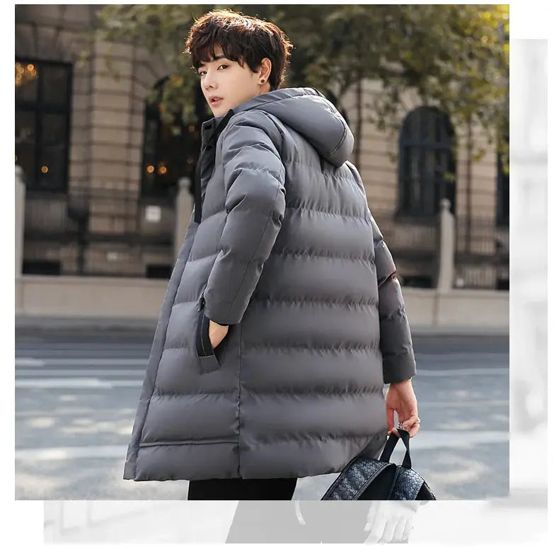 Mid-length grey hooded puffer jacket for men, warm cotton-padded winter coat