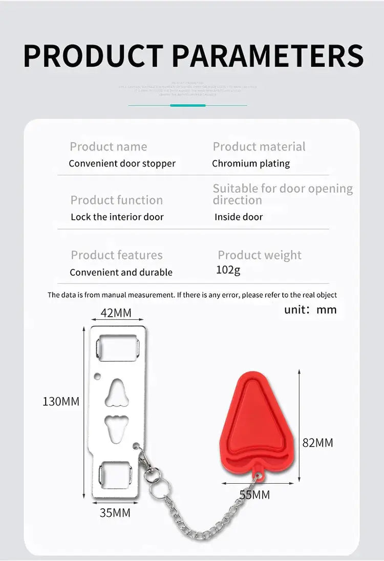 Simples Market security portable door lock latch with chromium-plated plate and red travel keychain