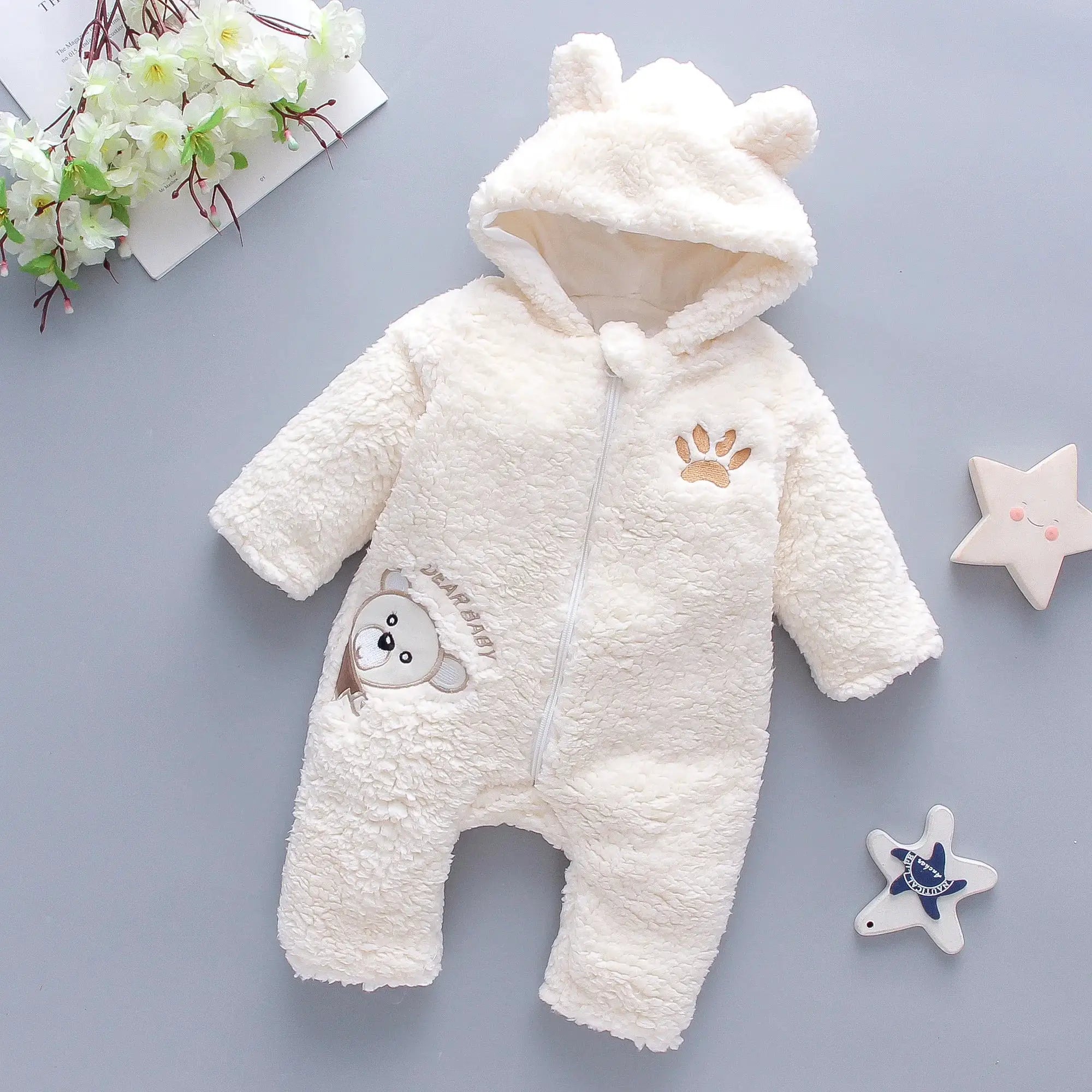 Lamb Hair Baby Jumpsuit With Cartoon Bear Embroidery Hooded Thickened Winter Crawling Suit For Girls 0 To 1 Year