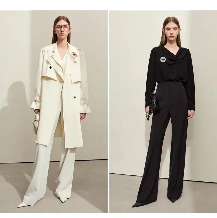 AMII Minimalism women's pants by Simples Market; two looks shown: ivory cream suit with long blazer and pants, and black draped-top with wide-leg pants.