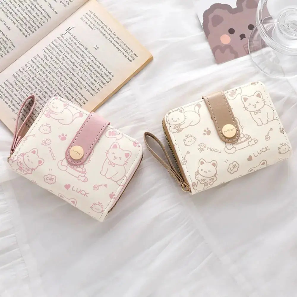 Cute cat coin purse wallet set in pastel pink and beige PU leather, two compact women's wallets