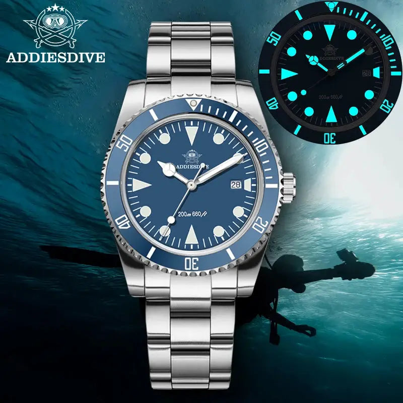 ADDIESDIVE luxury men's analog diver watch with blue dial, ceramic bezel, stainless steel bracelet