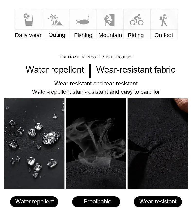 Two-sided outdoor jacket for men and women, black, water-repellent and wear-resistant fabric.