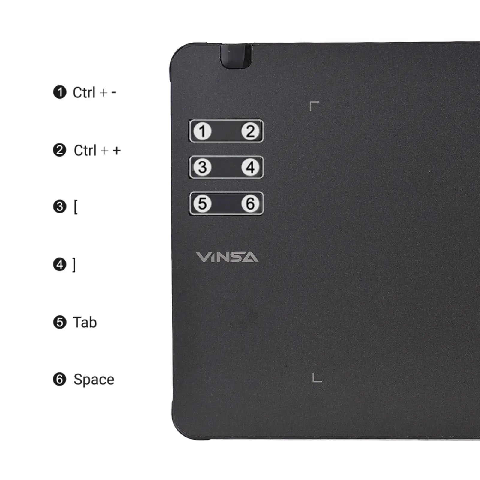 VINSA T1161 graphics drawing tablet back view with 6 shortcut keys, black finish, VINSA logo visible.