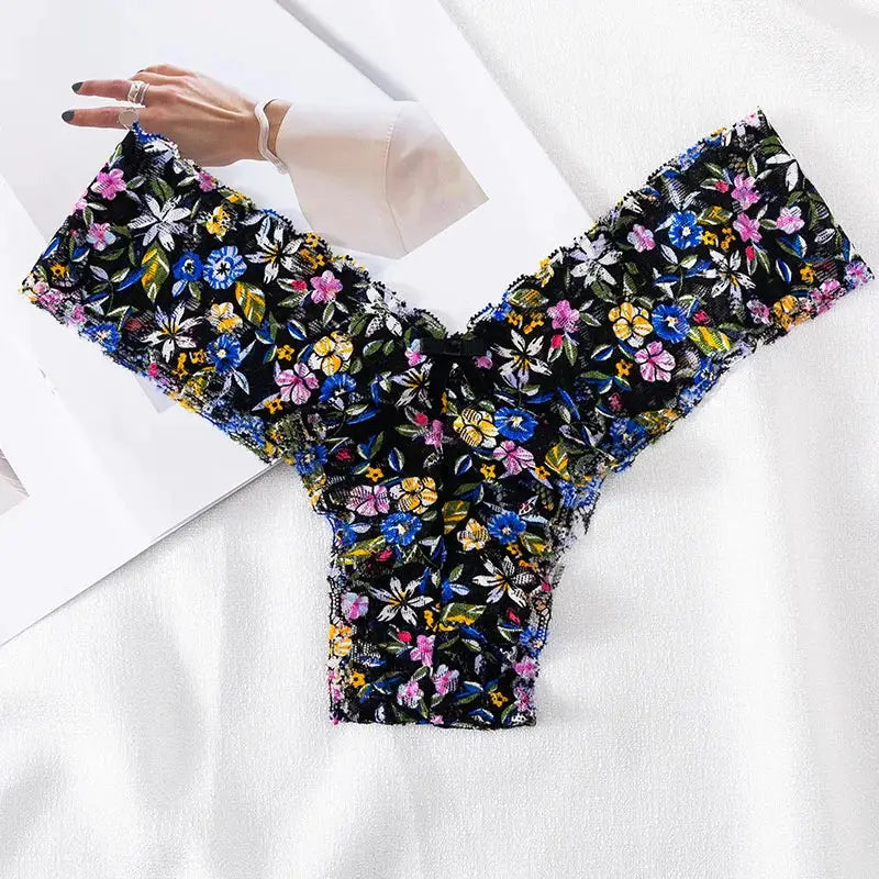 Women floral lace thong underwear, black mesh with colorful flowers, seamless G-string