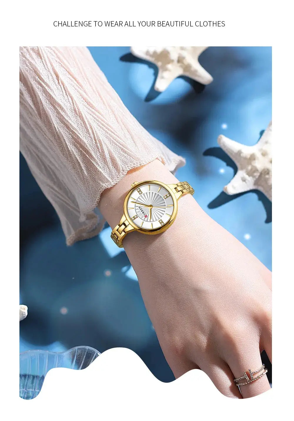 Curren 9097 women's quartz watch with gold-tone stainless steel bracelet and white dial