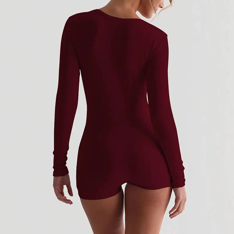 Hugcitar ribbed burgundy playsuit by Simples Market, long-sleeve bodycon romper