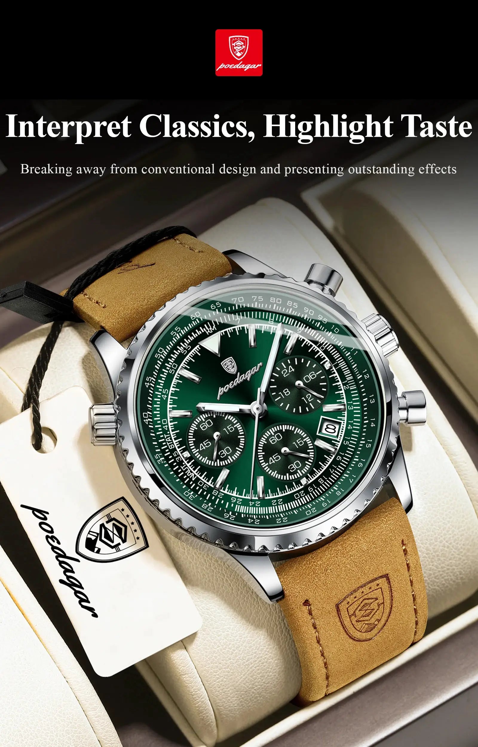 POEDAGAR men's wristwatch with green chronograph dial, tan leather strap, stainless steel case, date window, waterproof