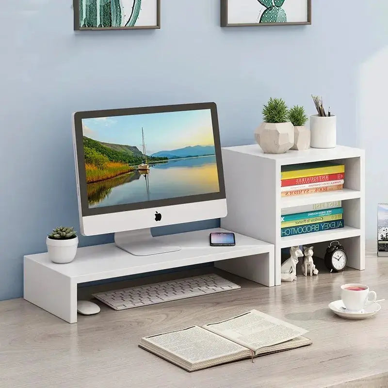 Oak Wood Ergonomic Monitor Stand Elevated Desk Shelf With Underneath Storage For Monitor Keyboard And Accessories