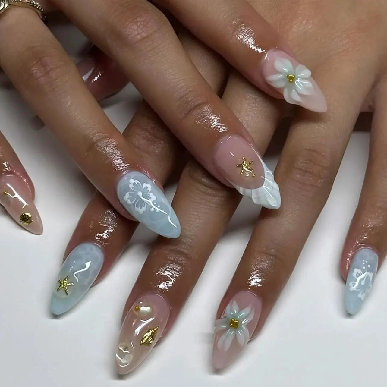 Glamora French Almond False Nails 24 Piece Press On Stiletto Tips With White Edge Design Glue Included For Wearable Glam