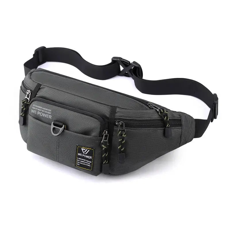 Men's gray nylon waist pack with multiple pockets and adjustable strap