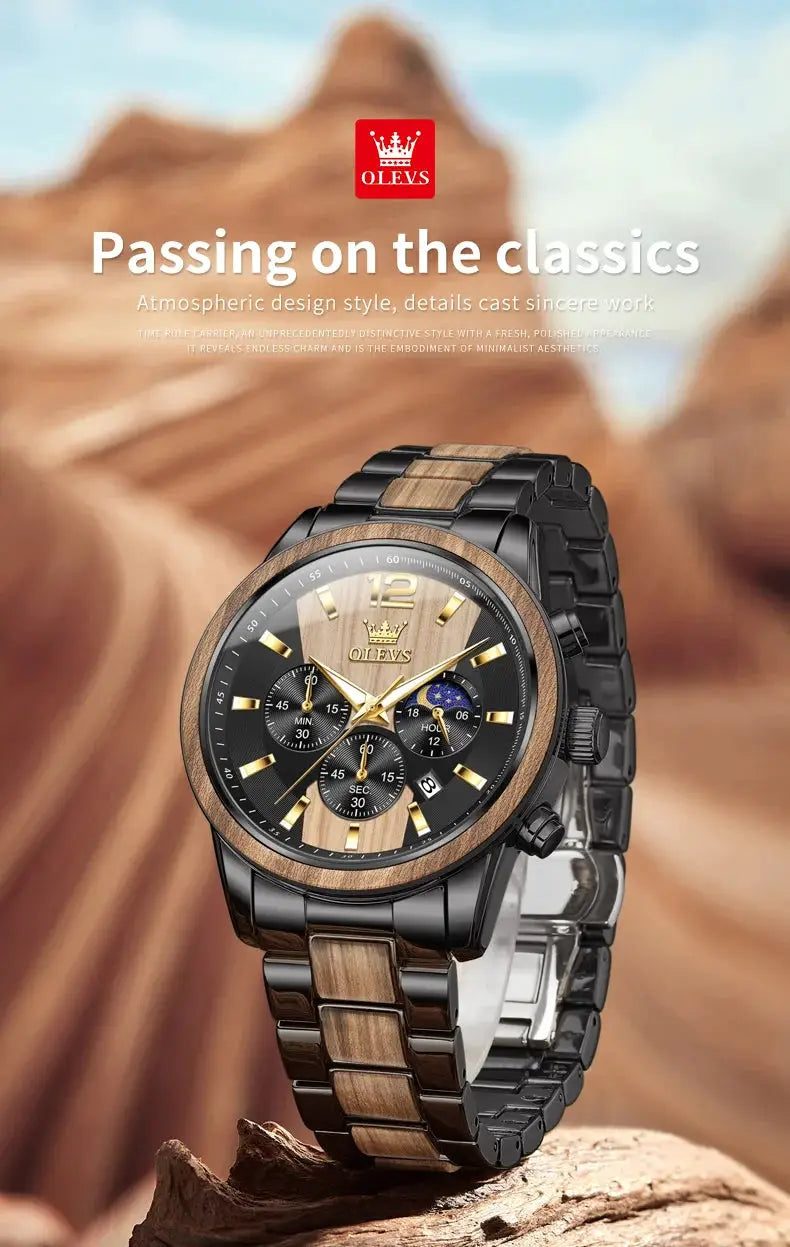 OLEVS men's wooden watch, three-subdial chronograph, luminous dial