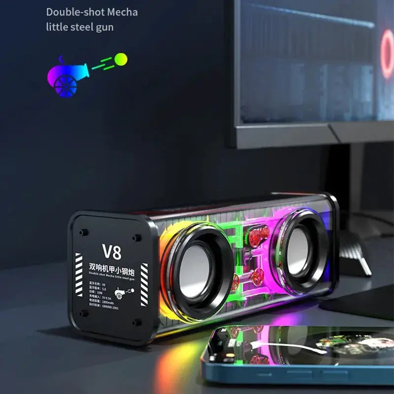 Simples Market V8 transparent mecha speaker with RGB lighting, dual bass diaphragms, Bluetooth 5.0