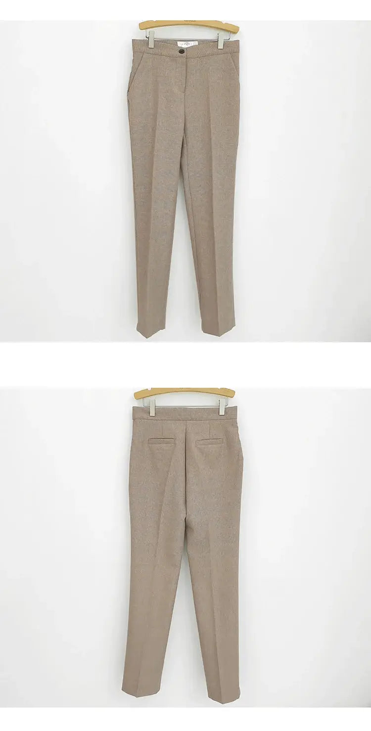 Beige women's dress pants; tailored office trousers, front and back views