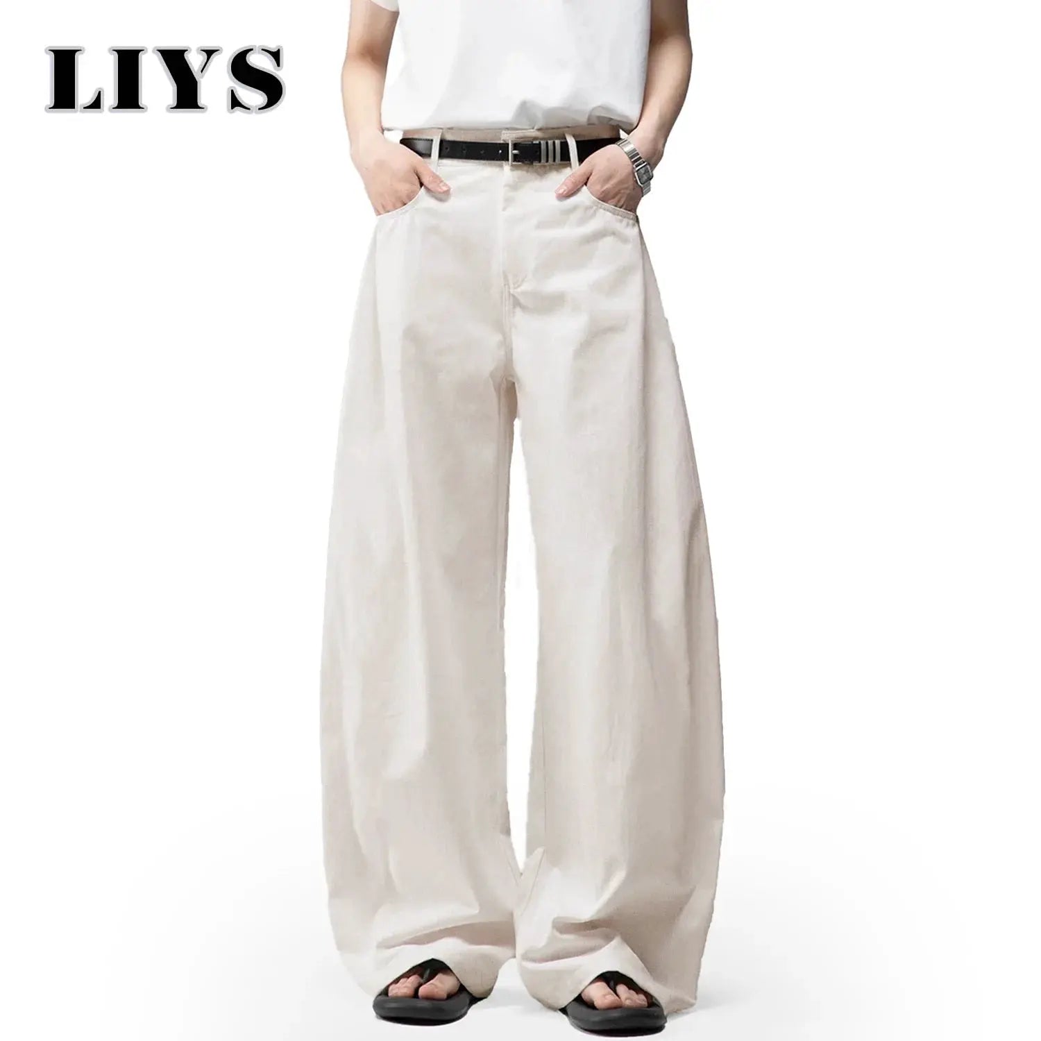 LIYS men's white baggy wide-leg denim jeans with belt for casual daily wear, relaxed fit, solid color, high-street look