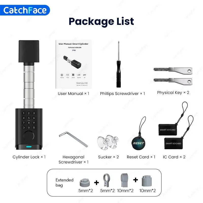 IP66 waterproof smart door lock by CatchFace; includes cylinder lock, 2 IC cards, 2 keys, manual