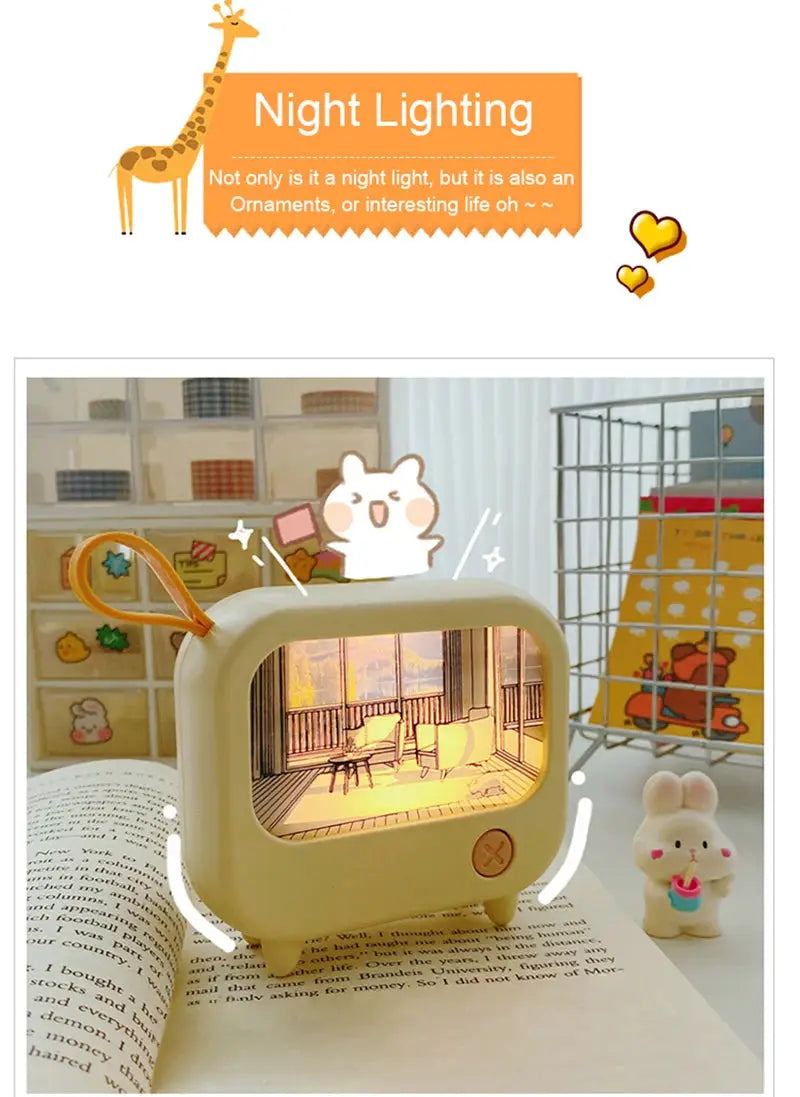 TV painting night light LED mini desktop lamp in beige, cute vintage TV shape