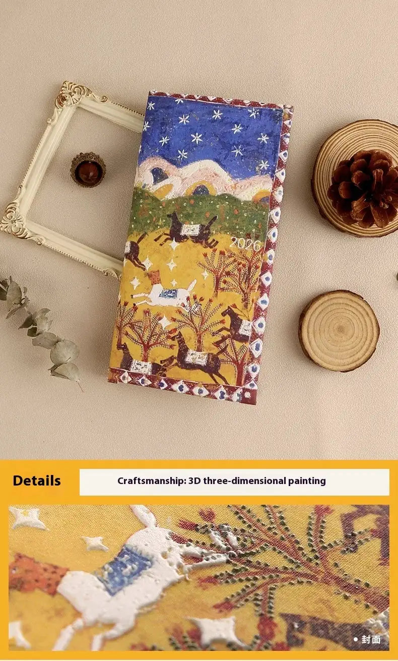 Kinbor 2026 weekly planner pocket notebook with colorful 3D painted cover showing horses in a yellow field and blue sky