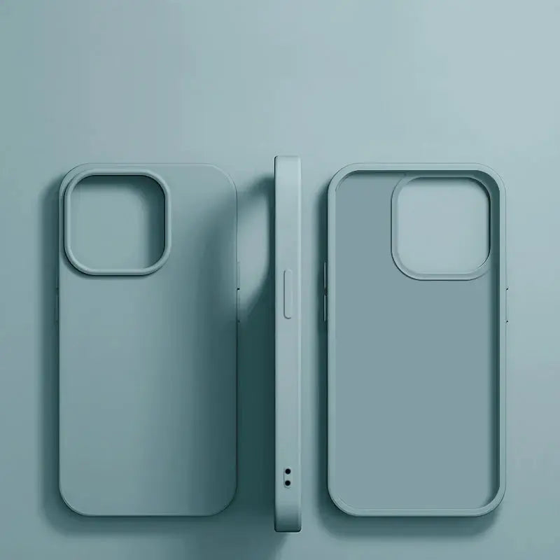 Two teal luxury liquid-silicone iPhone cases for iPhone 11–16 Pro Max, shockproof protector cover