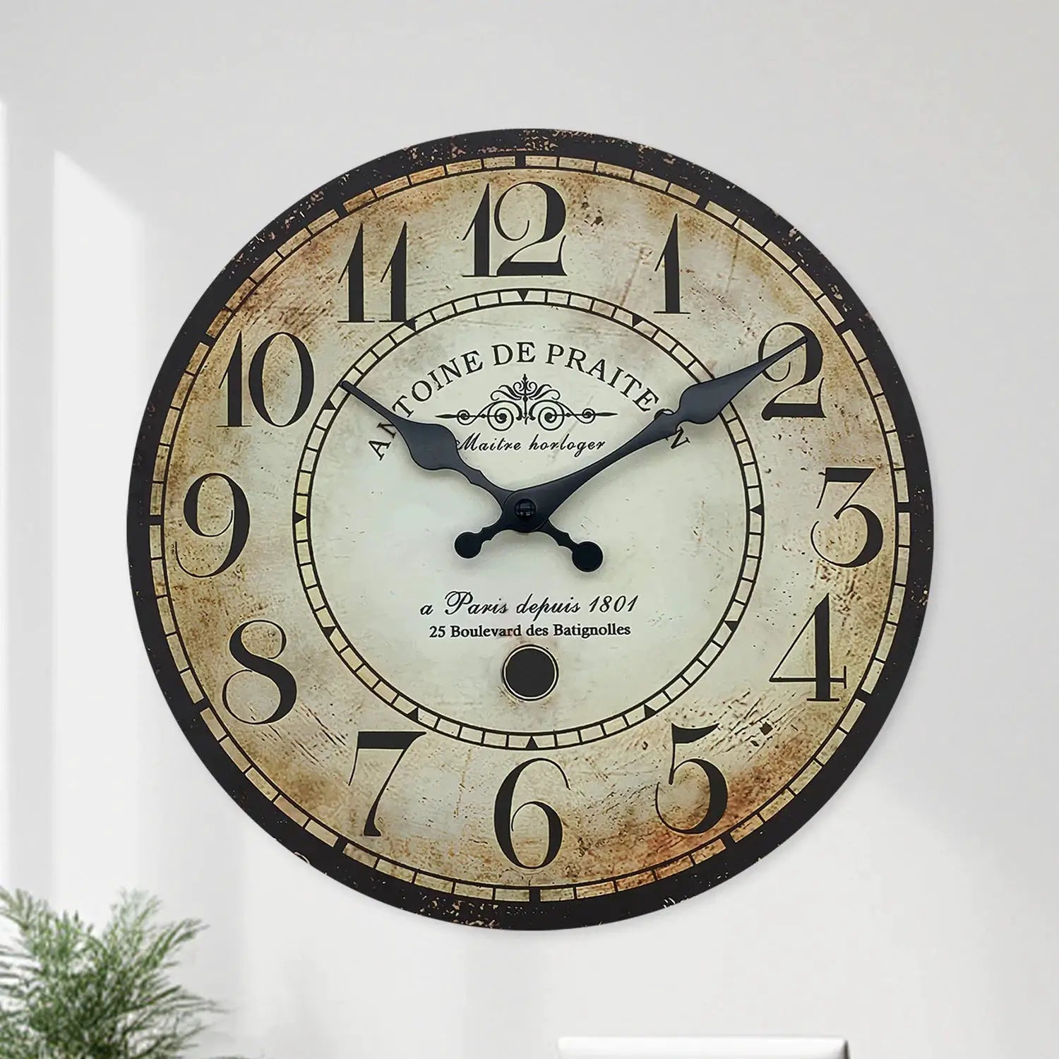 Wall clock by Simples Market, retro wooden design with antique cream dial and black numerals, 12-inch silent quartz
