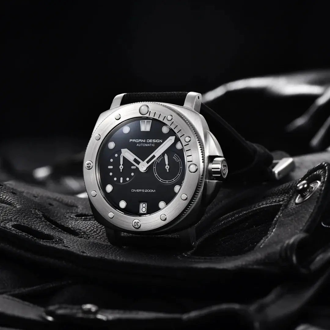 Pagani Design automatic diver watch for men with black dial and silver stainless-steel case