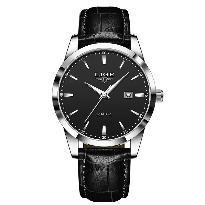 LIGE men's quartz watch with black dial, silver case, black leather strap, date window