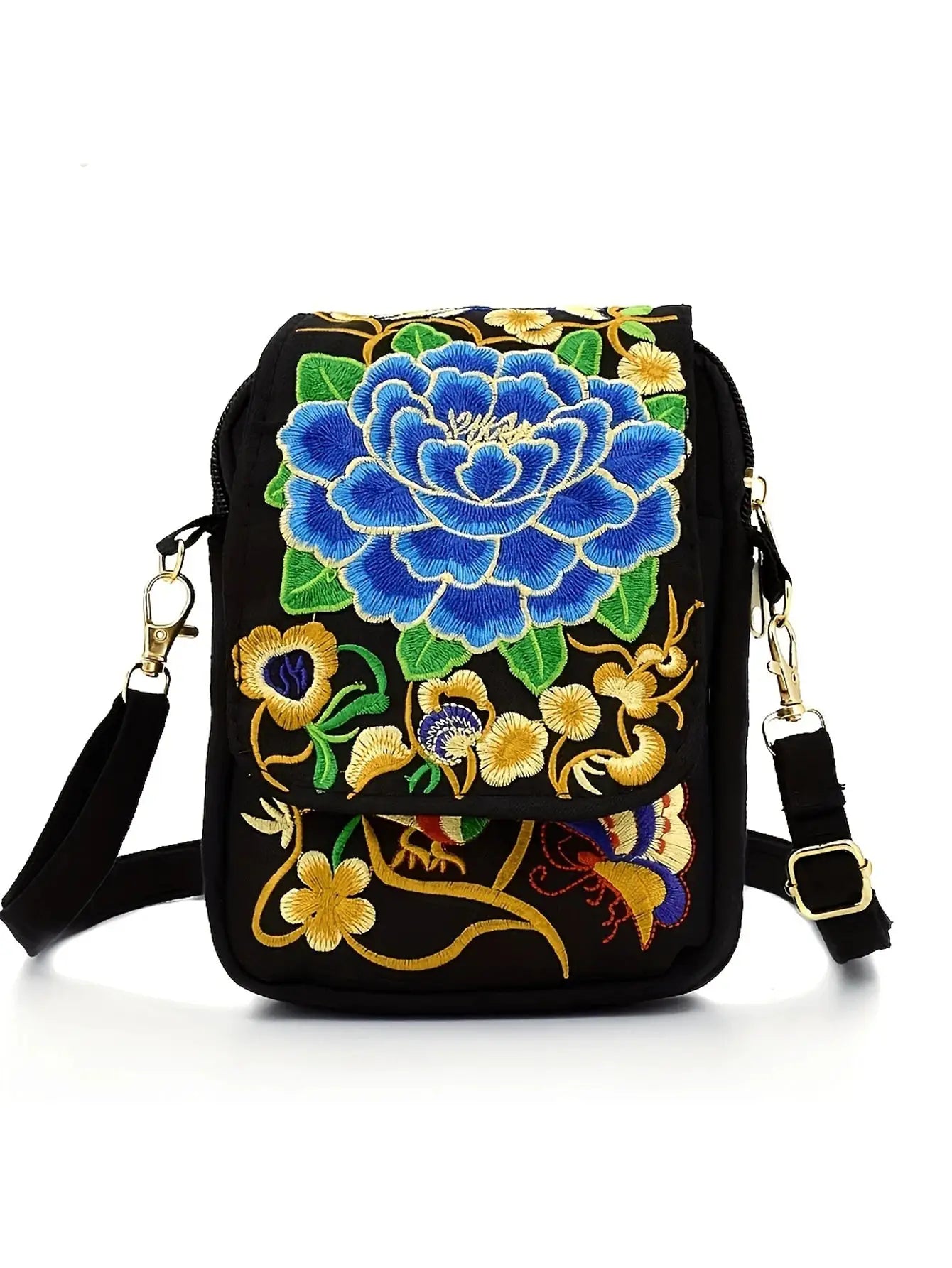 Crossbody phone bag by Simples Market; black canvas with blue floral embroidery and gold vines, zip closure