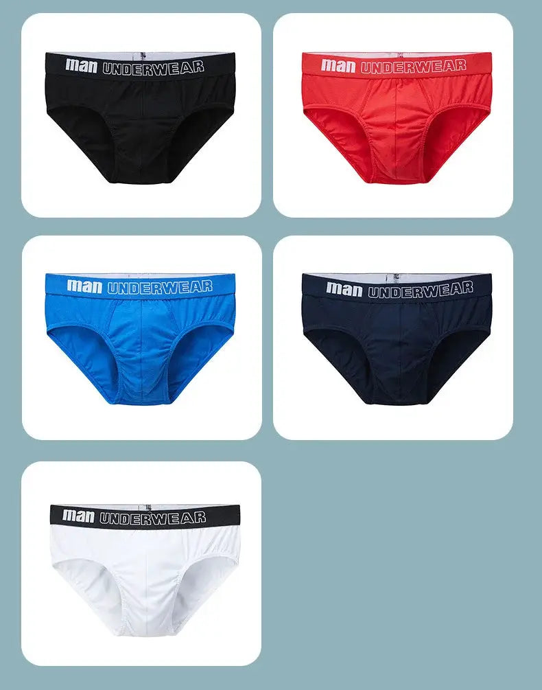 Men's cotton briefs set in five colors black red blue navy white with branded waistband reading man UNDERWEAR.
