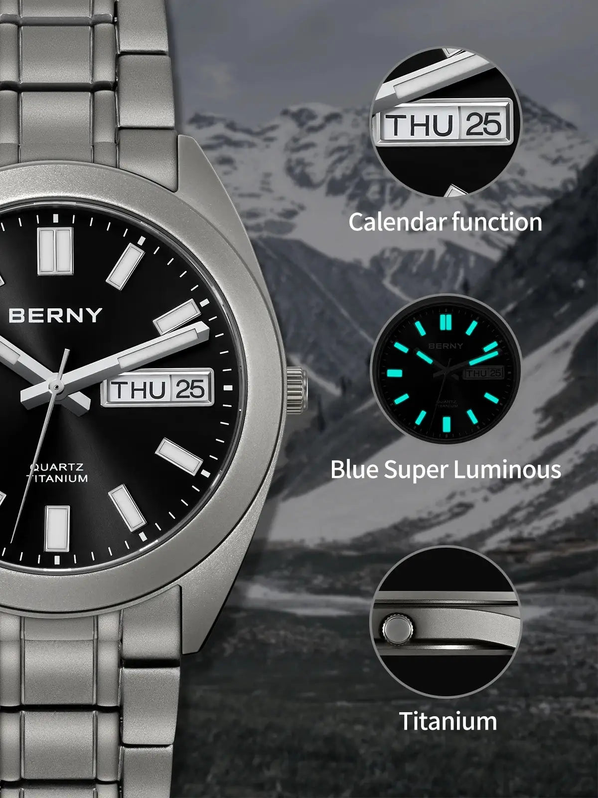 BERNY titanium men's wristwatch with silver-tone bracelet, black dial, calendar function and blue luminous markers
