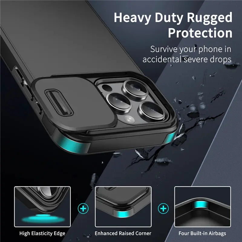 Simples Market Slide Camera Protection Phone Case for iPhone with black matte finish, teal accents, rugged shockproof armor.