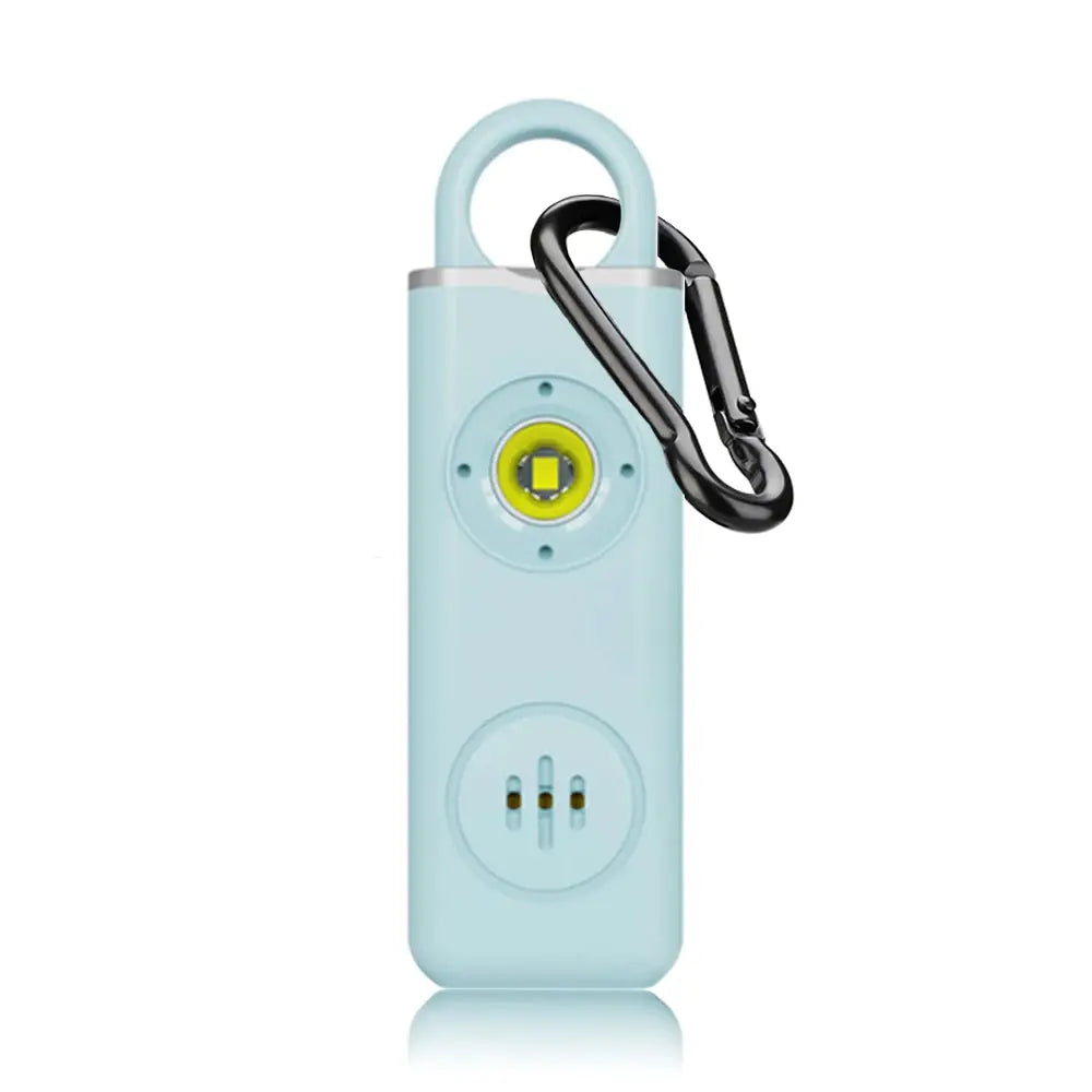 Hollarm self-defense personal alarm keychain in light blue with LED light and 130dB siren, carabiner clip