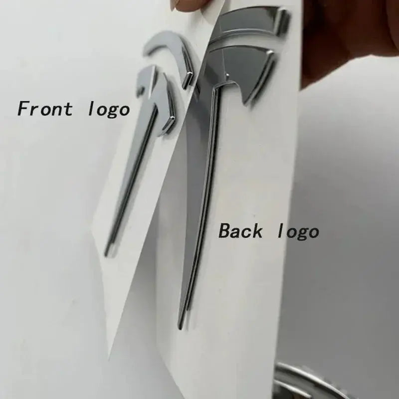 Tesla Model 3/Model Y zinc alloy hood logo emblems, chrome finish; front and back set (2)