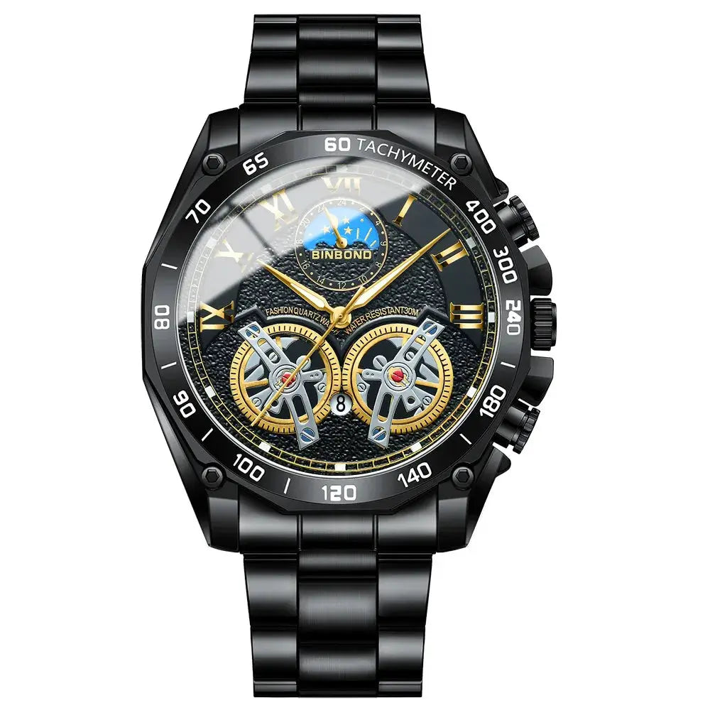 BINBOND men's quartz watch with black stainless steel band, tachymeter bezel, and gold-tone dial accents