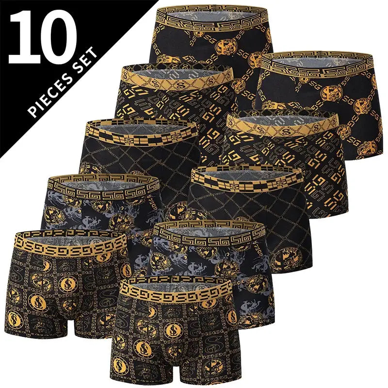 Men's black and gold printed boxer underwear set, 10-piece by Simples Market