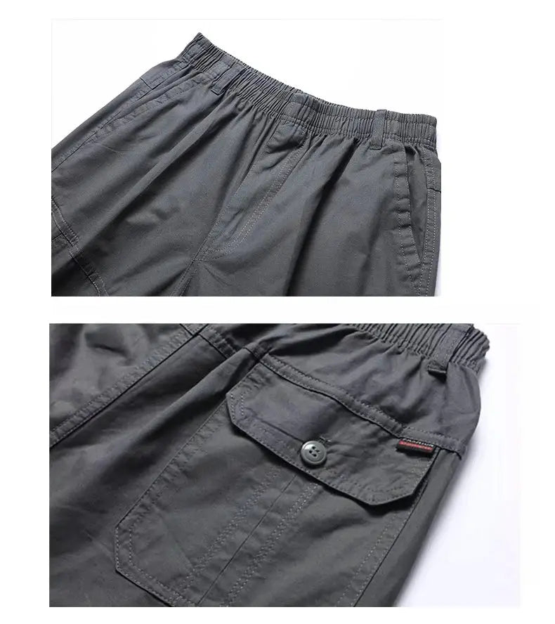 Simples Market mens cargo shorts, knee-length gray cotton, elastic waist, with buttoned cargo pocket
