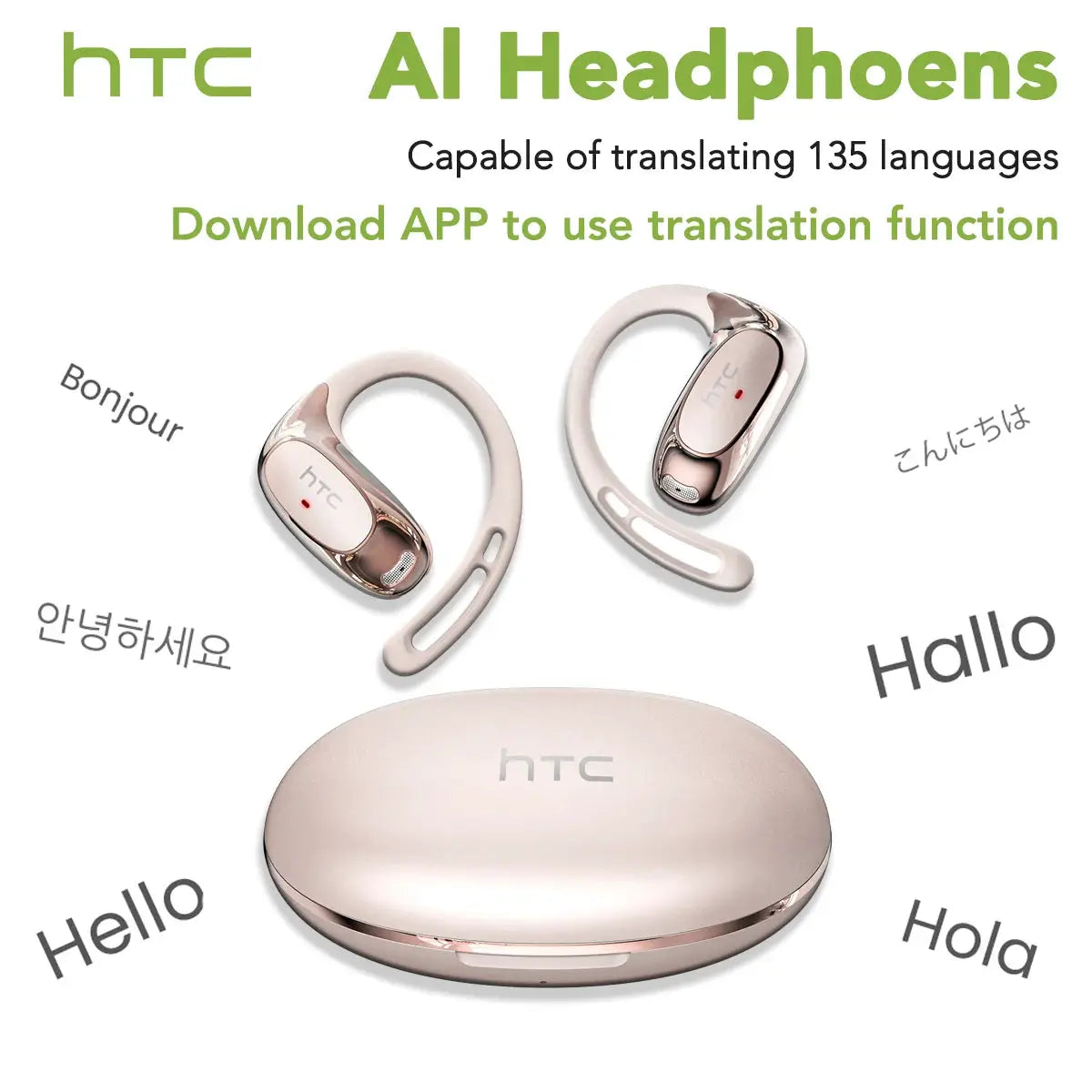 HTC NE35 wireless earphones with charging case in rose gold, Bluetooth 6.0 AI translation