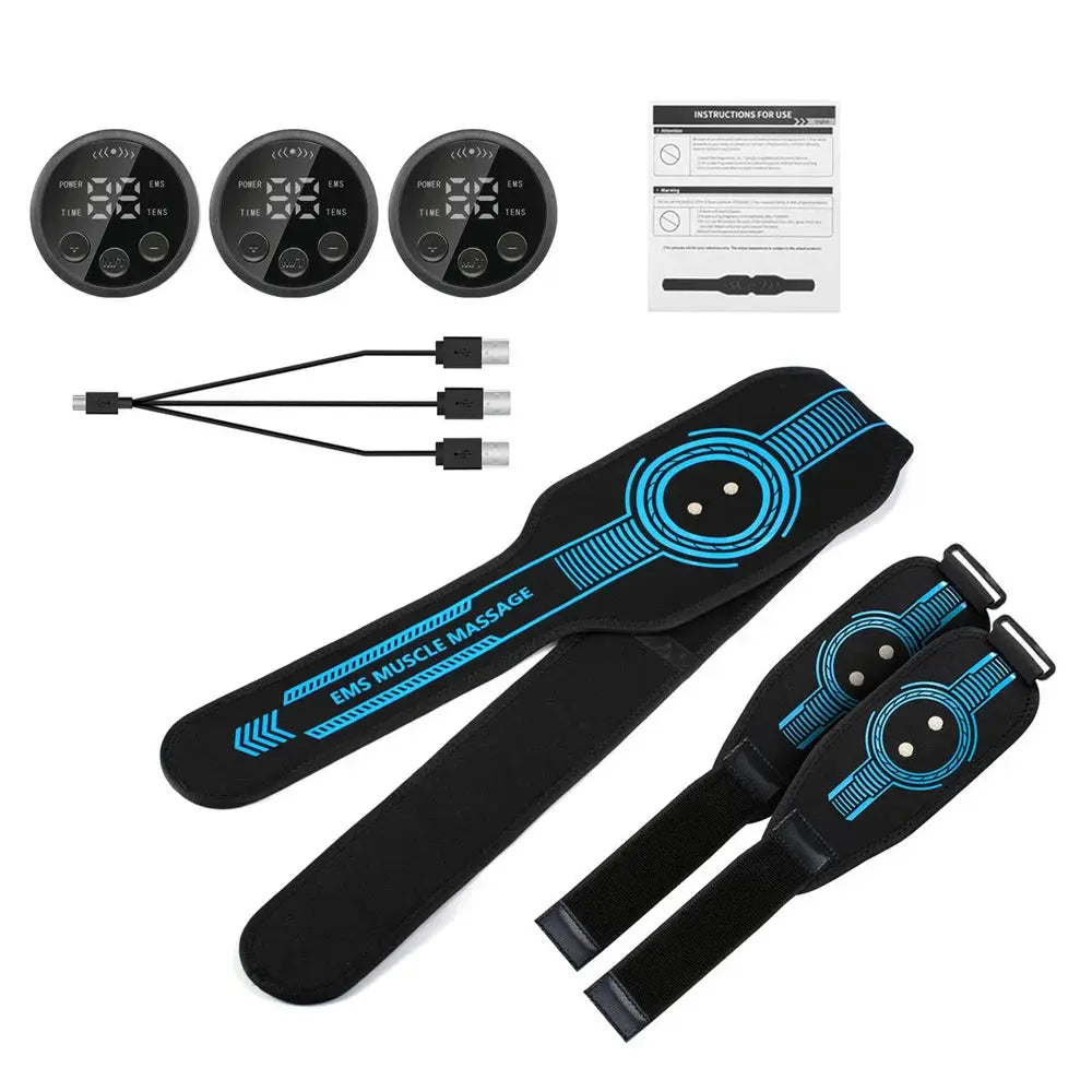 Simples Market EMS belt massage set; USB charging abdominal fitness device with 3 controllers, black belt with blue accents